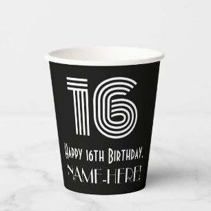 16th Birthday — Art Deco Inspired Look “16” + Name Paper Cups