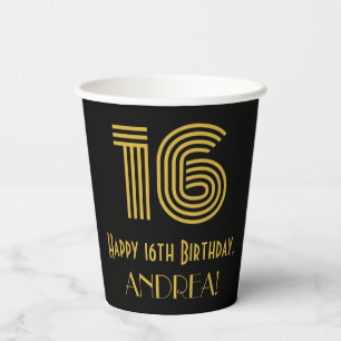 16th Birthday: Art Deco Inspired Look “16” & Name Paper Cups