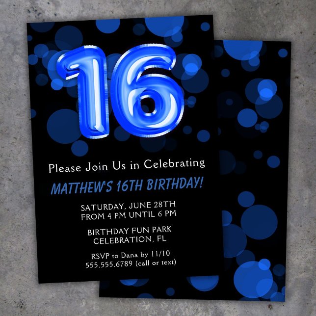 16th Birthday Balloons Kids Blue Boy Party Invitation (Creator Uploaded)