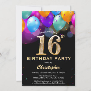 16th Birthday Black and Gold Colourful Balloons Invitation