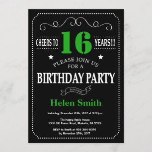 16th Birthday Black and Green Chalkboard Invitation