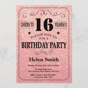 16th Birthday Black and Pink Rose Gold Glitter Invitation