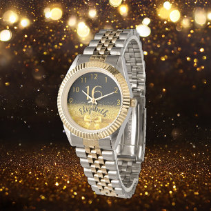 16th birthday black gold name elegant bow watch