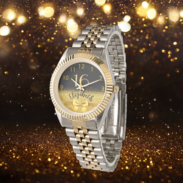16th birthday black gold name elegant bow watch (Creator Uploaded)