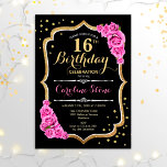 16th Birthday - Black Gold Pink Roses Invitation<br><div class="desc">16th birthday celebration invitation. Elegant black design with faux glitter gold and pink roses. Features stylish script font and confetti. Perfect for an elegant birthday party. Can be customised into any age.</div>