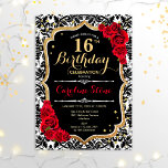 16th Birthday - Black Gold Red Roses Invitation<br><div class="desc">16th Birthday Invitation
Elegant red black white design with faux glitter gold. Features damask pattern and red roses. Perfect for an elegant birthday party.</div>