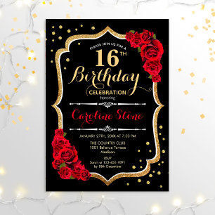 16th Birthday - Black Gold Red Roses Invitation