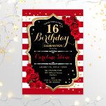 16th Birthday - Black Gold Red White Stripes Roses Invitation<br><div class="desc">16th Birthday Invitation
Elegant red black white design with faux glitter gold. Marsala wine red and white stripes with roses. Perfect for an elegant birthday party.</div>