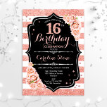 16th Birthday Black Rose Gold and White Stripes Invitation<br><div class="desc">16th Birthday Invitation.
Elegant rose gold white and black design with faux glitter. Features stripes,  blush pink roses,  script font and confetti. Perfect for an elegant birthday party.</div>