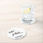 16th birthday black white hello sixteen name round paper coaster<br><div class="desc">Elegant and modern for a 16th birthday party.  Chic white backdrop and black text written with a trendy hand-lettered style script: hello sixteen. With small black dots as decor.Templates for a name and a date,  black letters.</div>