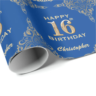 16th Birthday Blue and Gold Glitter Frame Wrapping Paper