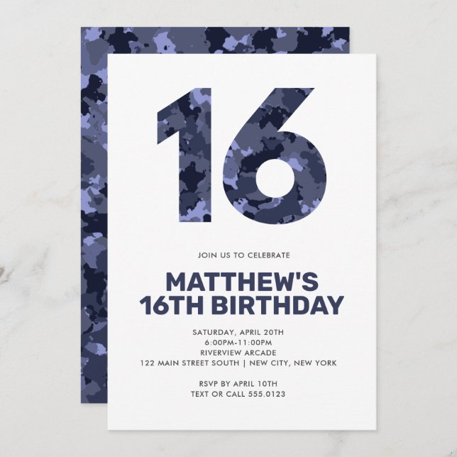 16TH Birthday, Blue Camo Personalised Teen Invitation (Front/Back)