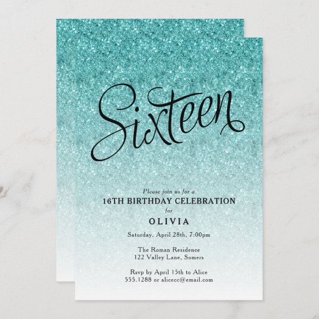 16th Birthday Blue Ombre Glitter Invitation (Front/Back)