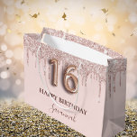 16th birthday blush pink glitter drips rose gold large gift bag<br><div class="desc">Elegant, classic, glamourous and girly for a Sweet 16, 16th birthday party. A blush pink background. Decorated with rose gold, pink faux glitter drips, paint dripping look. Personalise and add a name. With the text: Happy Birthday. The name is written with a modern dark rose coloured hand lettered style script....</div>