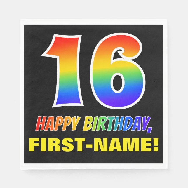 16th Birthday: Bold, Fun, Simple, Rainbow 16 Napkin (Front)