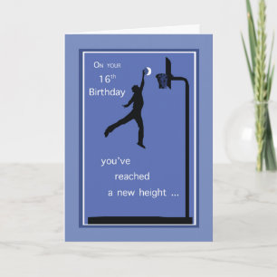 16th Birthday Boy Basketball Reaching High on Blue Card