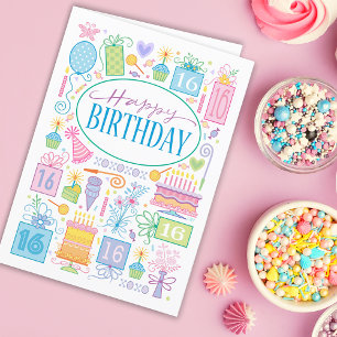 16th Birthday Bright Pastel Icons On Blue Card
