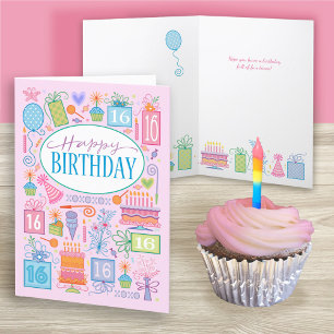 16th Birthday Bright Pastel Icons On Pink Card