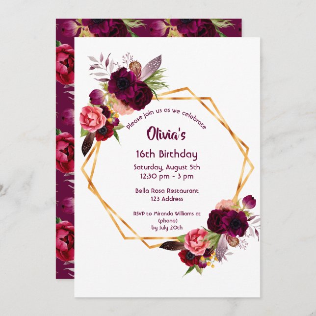 16th birthday burgundy florals gold geometric invitation (Front/Back)