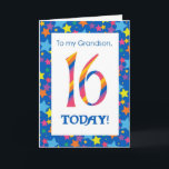 16th Birthday Card for Grandson, Stripes and Stars<br><div class="desc">A bright and colourful 16th Birthday Card for a Grandson,  with striped numbers and a starry border,  from a digital design by Judy Adamson. You can change the inside message if you wish.</div>