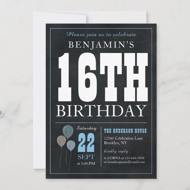 16th Birthday Chalkboard Blue Balloon Rustic Chic Invitation (Front)
