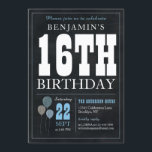 16th Birthday Chalkboard Blue Balloon Rustic Chic Invitation<br><div class="desc">Rustic Vintage Chalkboard White Blue Balloon 16th Birthday Party Invitation</div>