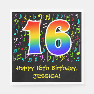 16th Birthday - Colorful Music Symbols, Rainbow 16 Napkin