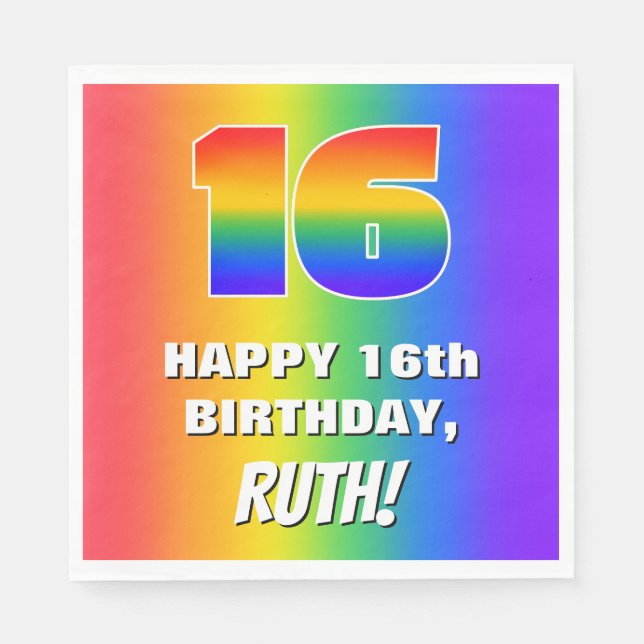16th Birthday: Colourful, Fun Rainbow Pattern # 16 Napkin (Front)