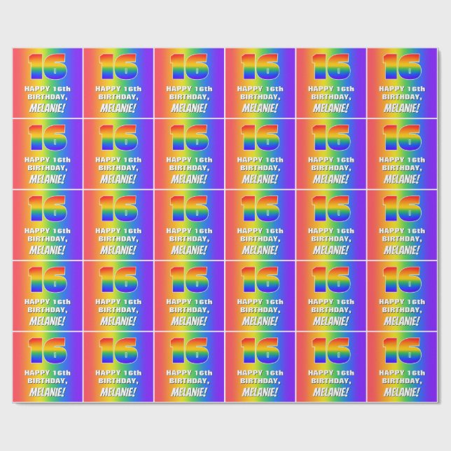 16th Birthday: Colourful, Fun Rainbow Pattern # 16 Wrapping Paper (Flat)