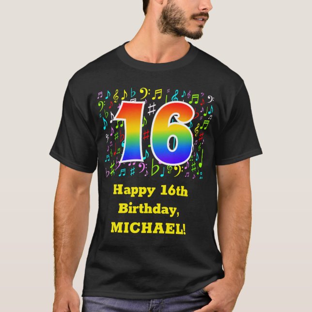 16th Birthday: Colourful Music Symbols, Rainbow 16 T-Shirt (Front)