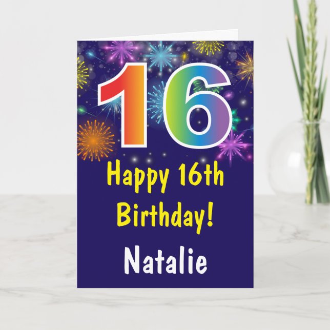 16th Birthday Colourful Rainbow Fireworks Navy Blu Card (Front)
