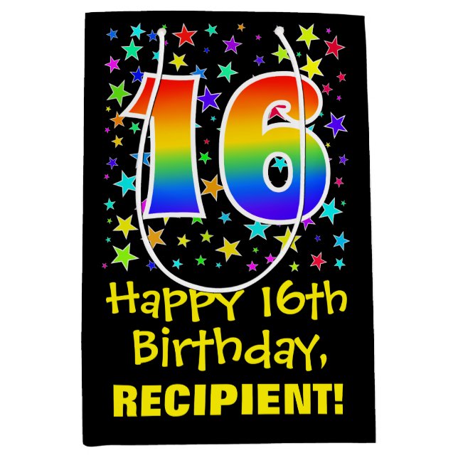 16th Birthday: Colourful Stars Pattern & Rainbow 1 Medium Gift Bag (Front)