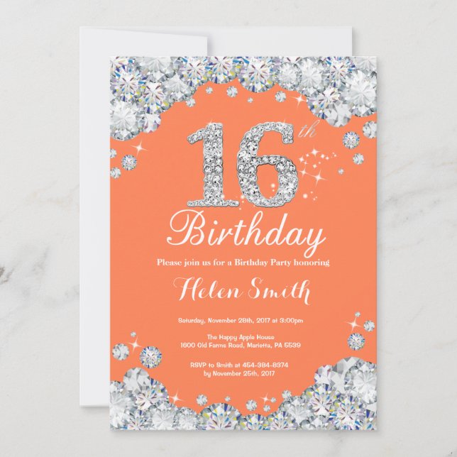 16th Birthday Coral and Silver Diamond Invitation (Front)