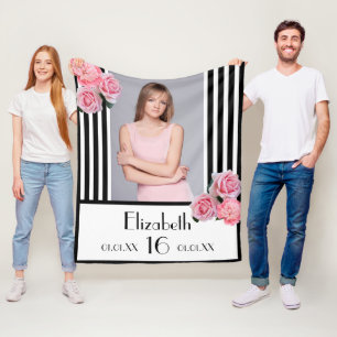 16th birthday custom photo black white stripes fleece blanket