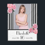 16th birthday custom photo black white stripes fleece blanket<br><div class="desc">Elegant, glamourous and feminine gift for a girl's 16th birthday. Classic and chic slim black and white vertical stripes. Decorated with pink flowers, peonies and roses. Templates for a name, age 16 , date of birth and the date of the anniversary. Template for your own vertical sized photo. Girly and...</div>