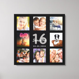 16th birthday custom photo collage black monogram canvas print