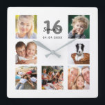 16th birthday custom photo collage friends square wall clock<br><div class="desc">A wall clock as a gift for a Sweet 16, 16th birthday for a woman, celebrating her life with a collage of 7 of your photos. Personalise and add a name, age 16 and a date. Date of birth or the date of the anniversary. Black and grey coloured letters. A...</div>