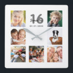 16th birthday custom photo collage friends square wall clock<br><div class="desc">A wall clock as a gift for a Sweet 16, 16th birthday for a woman, celebrating her life with a collage of 7 of your photos. Personalise and add a name, age 16 and a date. Date of birth or the date of the anniversary. Black and grey coloured letters. A...</div>