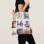 16th birthday custom photo collage girl white tote bag<br><div class="desc">A unique gift for a girl's Sweet 16, 16th birthday, celebrating her life with a collage of 8 of your own photos, pictures. Personalise and add her name, age 16 and a date. A chic white background. Grey and black letters and numbers. The name is written with a modern hand...</div>