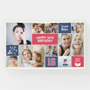 16th Birthday Custom Photo Collage Red Blue Banner