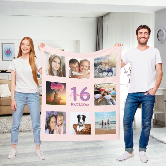 16th birthday custom photo collage rose gold pink fleece blanket (Creator Uploaded)