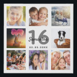16th birthday custom photo collage white monogram faux canvas print<br><div class="desc">A unique 16th birthday gift or keepsake, celebrating her life with a collage of 8 of your photos. Add images of her family, friends, pets, hobbies or dream travel destination. Personalise and add a name, age 16 and a date. Grey and black coloured letters. A chic white background. This canvas...</div>