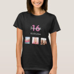 16th birthday custom photo pink monogram girl T-Shirt<br><div class="desc">For a Sweet 16, 16th birthday as a gift or for the party. A collage of 3 of your photos of herself friends, family, interest or pets. Personalise and add her name, age 16 and a date. Date of birth or the date of the birthday party. Pink and white coloured...</div>