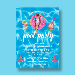 16th Birthday Cute Pink Summer Pool Party Invitation