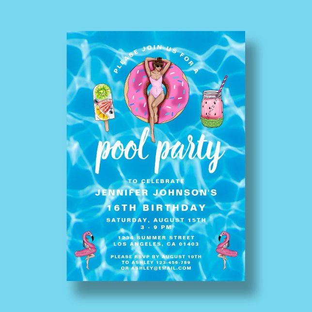  16th Birthday Cute Pink Summer Pool Party  Invitation (16th Birthday Cute Pink Summer Pool Party Invitation)