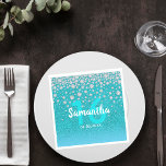 16th birthday diamonds glitter on teal blue green napkin<br><div class="desc">An elegant and glamourous sweet 16th birthday party napkin. Teal, blue green gradient coloured faux glitter with faux diamond sprinkle. Templates for a name, age 16 and a date. Date of birth or the date of the party/anniversary. White and teal coloured letters. The name is written with a hand-lettered style...</div>