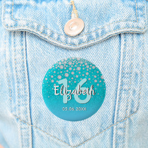 16th birthday diamonds glitter teal blue green 6 cm round badge