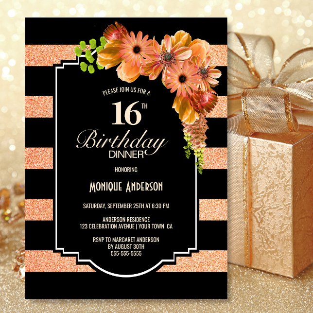 16th Birthday Dinner Striped Coral Floral Party Invitation (Creator Uploaded)