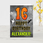 16th Birthday: Eerie Halloween Theme   Custom Name Card<br><div class="desc">The front of this scary and spooky Hallowe’en themed birthday greeting card design features a large number “16”. It also features the message “HAPPY BIRTHDAY, ”, plus a personalised name. There are also depictions of a ghost and a bat on the front. The inside features a personalised birthday greeting message,...</div>