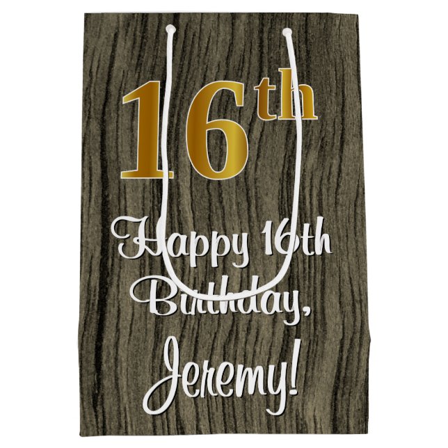 16th Birthday: Elegant Faux Gold Look #, Faux Wood Medium Gift Bag (Back)